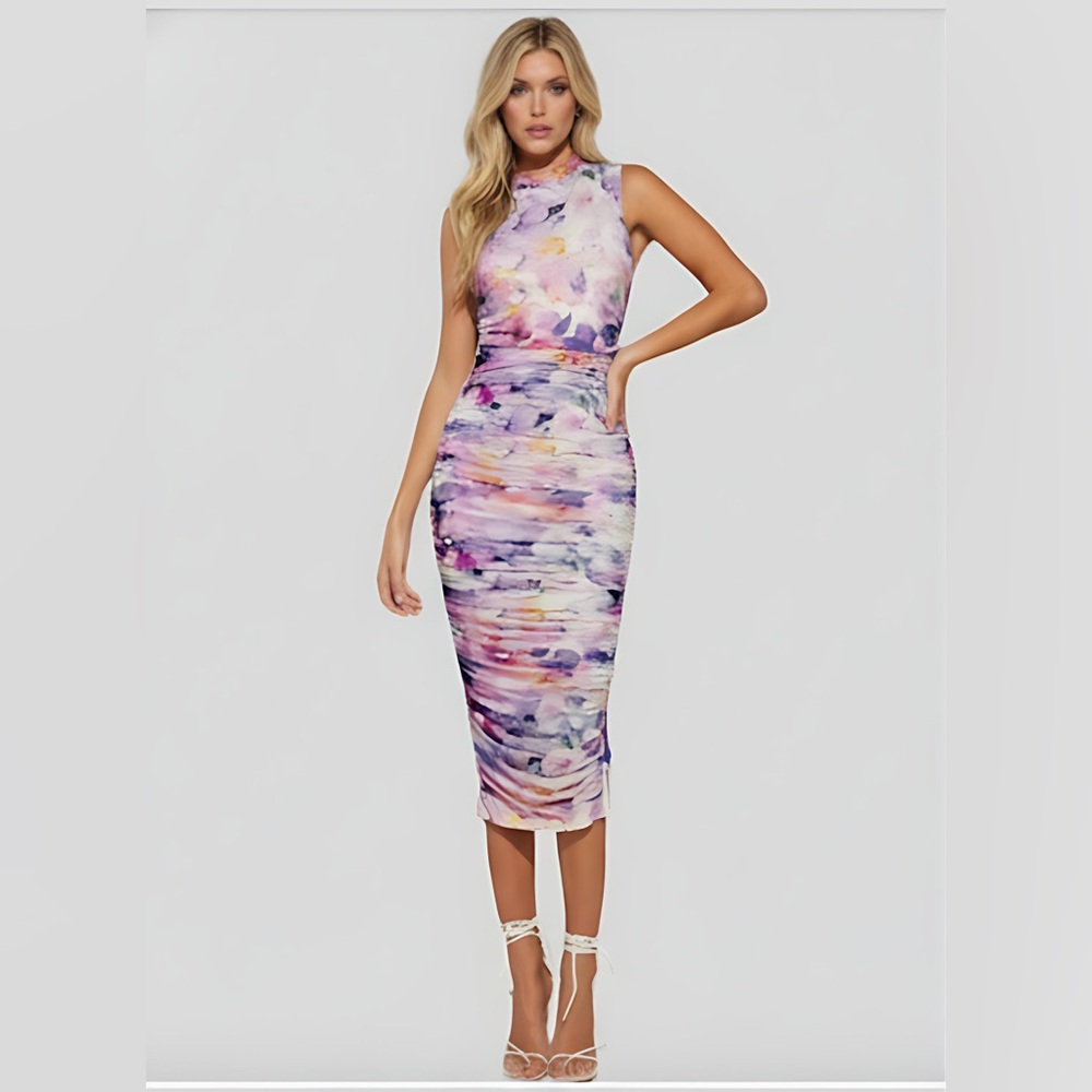 LAST ONE 🔥 Floral Print Ruched Bodycon Mesh Dress